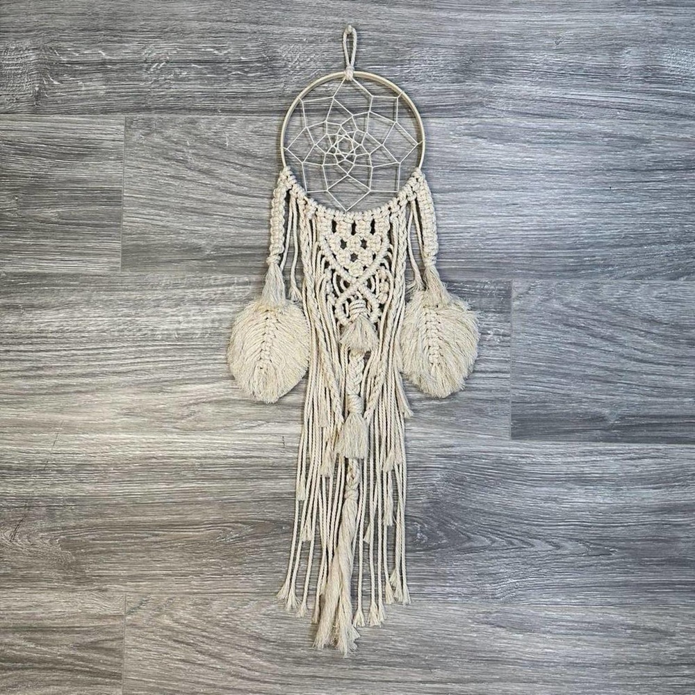 Handmade Bamboo White Macrame Dream Catcher 29" Hanging Length Boho Home Decor - Picture 2 of 4